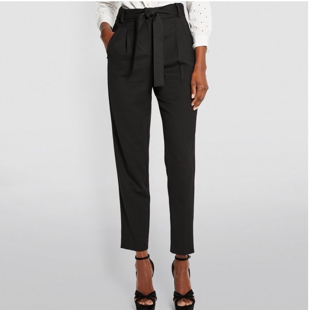Maje Wool Blend Pleated Tie Waist High Rise Tapered Trouser Pant Black 38 / M